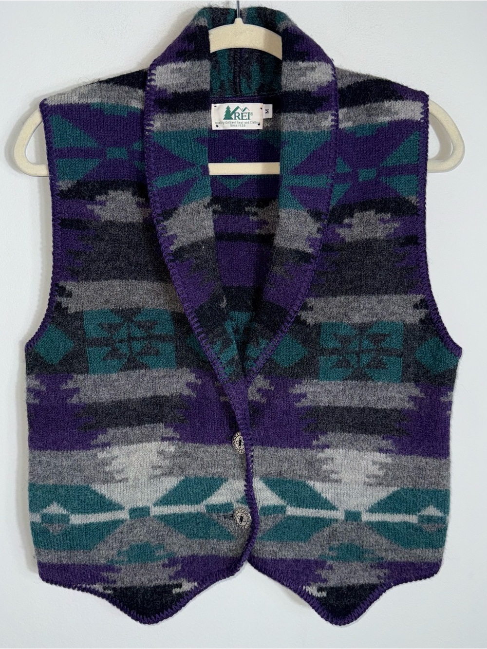 REI Women's Wool Sweater Vest-Aztec Southwestern Pattern-Purple Green Gray-Med